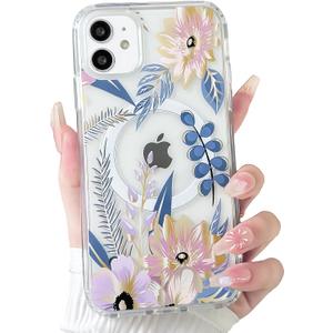 NITITOP Compatible with iPhone 11 Case Clear Magnetic Compatible with MagSafe Cute Metallic Flowers Floral for Women Girls Hard PC Back Shockproof Protective Phone Cover - Blue