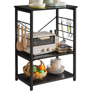 YMYNY Standing Baker's Racks, 3-Tier Microwave Oven Stand with Metal Frame and 6 Hooks, Coffee Bar Table, Storage Shelf Rack for Kitchen and Living Room, Panel Adjustable, Black, UHTMJ022B