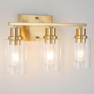 3-Lights Gold Bathroom Light Fixture, Brushed Brass Vanity Light with Clear Glass Shade, Modern Bath Wall Lights for Living Room, Hallway, Bedroom
