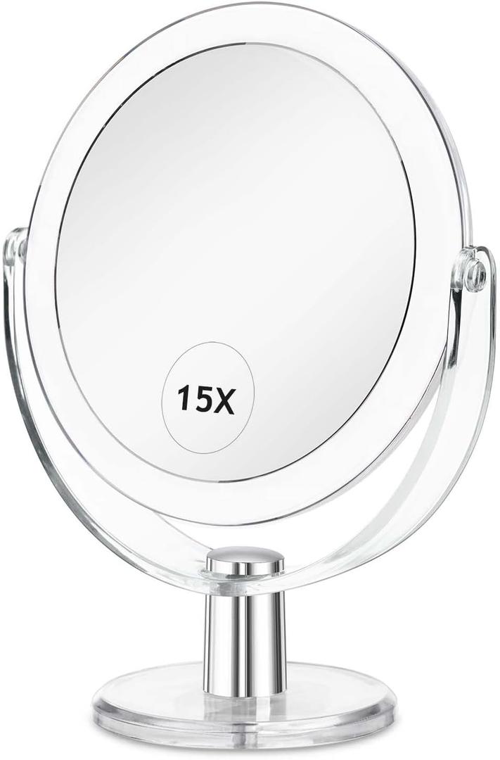 CLSEVXY Vanity Makeup Mirror with Stand, 1X/15X Magnification Double Sided 360 Degree Swivel, Portable Table Desk Counter top Magnifying Mirror, Tabletop Mirror for Bedroom or Dorm Room, 6.25 Inch (Transparent)