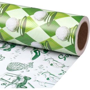 RUSPEPA Reversible Golf Wrapping Paper Roll, Mini Roll, Vintage Golfer Illustration & Green Argyle Golf Ball Pattern, Double-Sided Gift Wrap for Dad, Men, Father's Day, Birthday, 17 Inches x 16.4 Feet