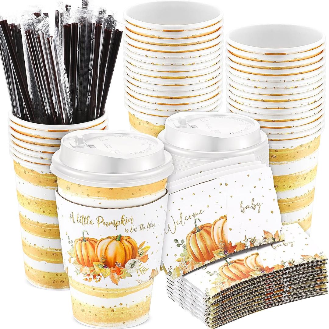 Pickmesh 50 Set 12oz Little Pumpkin Coffee Cups Sets Fall Baby Shower Party Pumpkin Flower Paper Cups with Lids, Sleeves and Stirrers for Autumn Thanksgiving Gender Reveal Party Supplies (Orange)