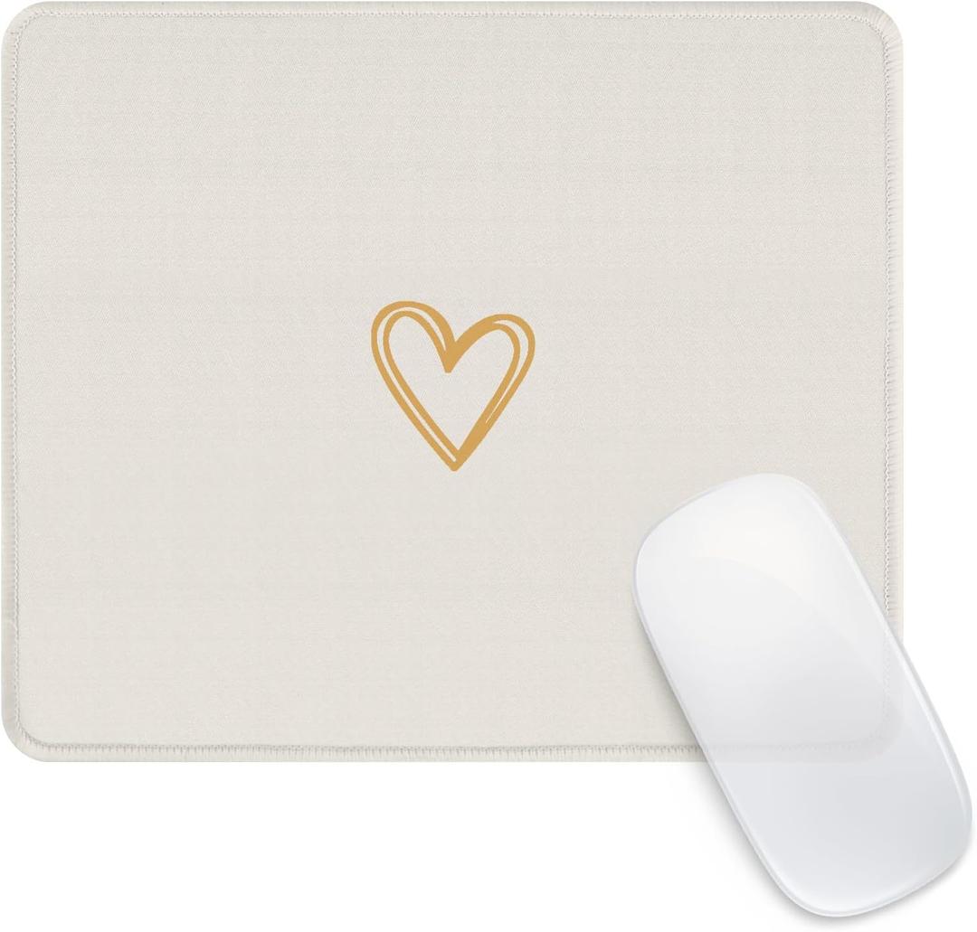 Seorsok Square Aesthetic Cute Heart Mouse Pad, Office Home Personalized Mouse Mat Design, Waterproof Funny Mousepad, Non-Slip Rubber Base Computer Mouse Pads for Wireless Mouse, Beige