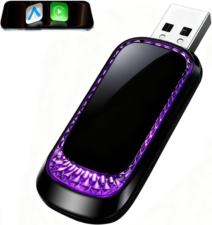 Wireless CarPlay Adapter for iPhone, Apple CarPlay & Android Auto, Mini 7-Color Ambient Light Car Play Dongle, Converts Wired to Wireless, Compatible with Built-in CarPlay Vehicles, Easy Plug & Play