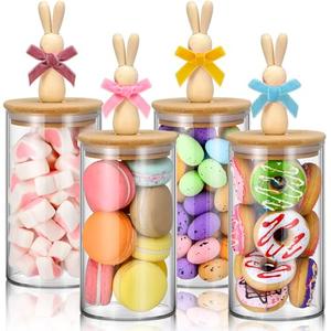 Nitial 4 Pcs Easter Glass Jar with Cap Bunny Ear Egg Clear Candy Jar Decorative Food Storage Canister with Airtight Ceramic Lid for Eater Party Tea Cookie Table Decoration (22 oz,Wooden Rabbit)