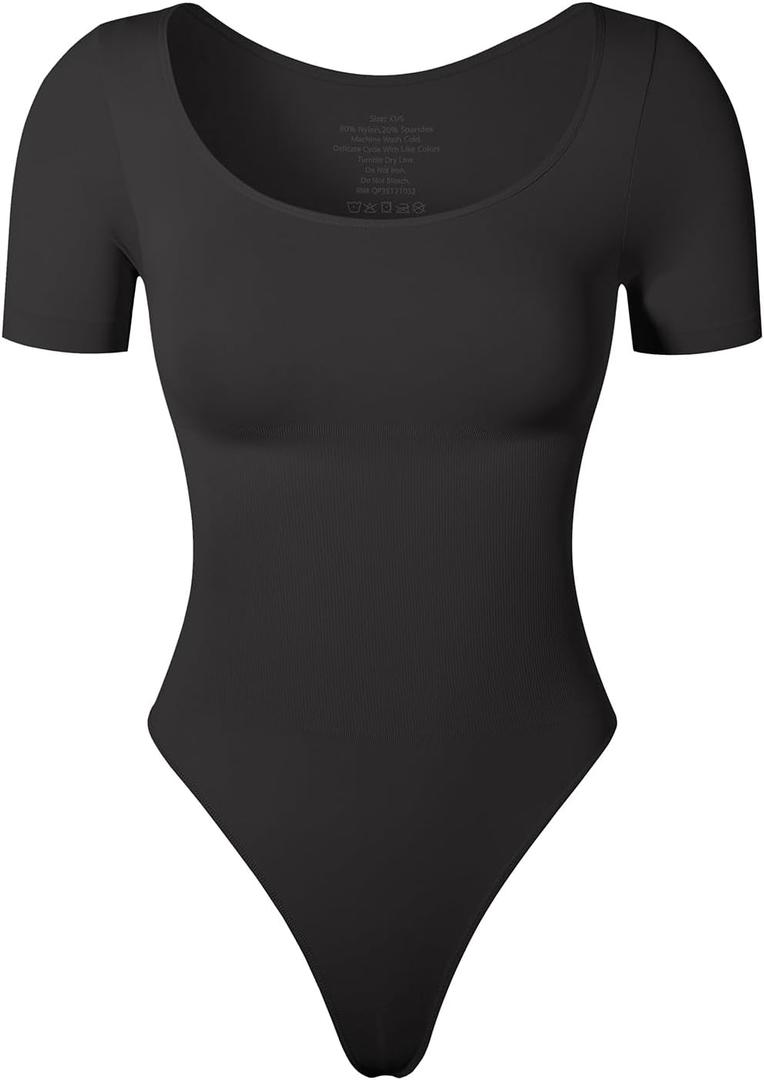 KSKshape Short Sleeve Bodysuit for Women Tummy Control Scoop Neck Shapewear Bodysuit Tshirt Top (X-Large, Black)