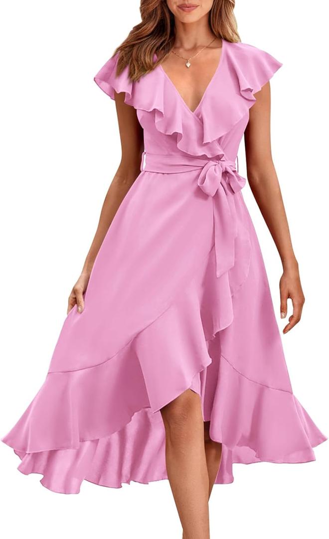 PRETTYGARDEN Women's Summer Wrap V Neck Split Party Dress Ruffle Short Sleeve Midi Dress with Belt Casual Long Dresses (Bright Pink, Small)