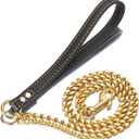 Strong Gold/Silver Dog Chain Leash 3FT Stainless Steel 12mm Curb Cuban Link Dog Leash Training Walking with Comfortable Genuine Leather Handle for Large, Medium Small Dogs (Gold, 3FT)