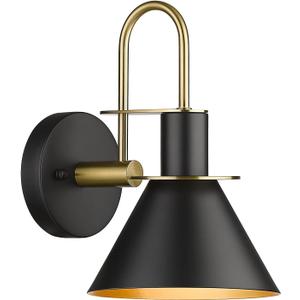 Black Wall Sconce, HWH Industrial Indoor Wall Light Fixture, Single Wall Vanity Light Brass Barn Wall Sconce Lamp for Bedroom Kitchen, Black and Gold Finish, 5HZG56B-L BK+BG