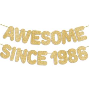 2 x Pre-Strung Awesome Since 1986 Gold Glitter Banner, Happy 40th Birthday Decorations for Women, 40 Year Old Anniversary Party Decor for Men
