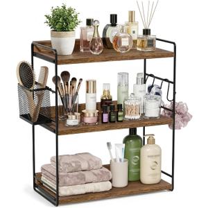 3-Tier Bathroom Counter Organizer with Basket, Brown | Wood Shelf for Skincare & Makeup, Sturdy & Space Saving, for Kitchen, Bathroom, Dresser
