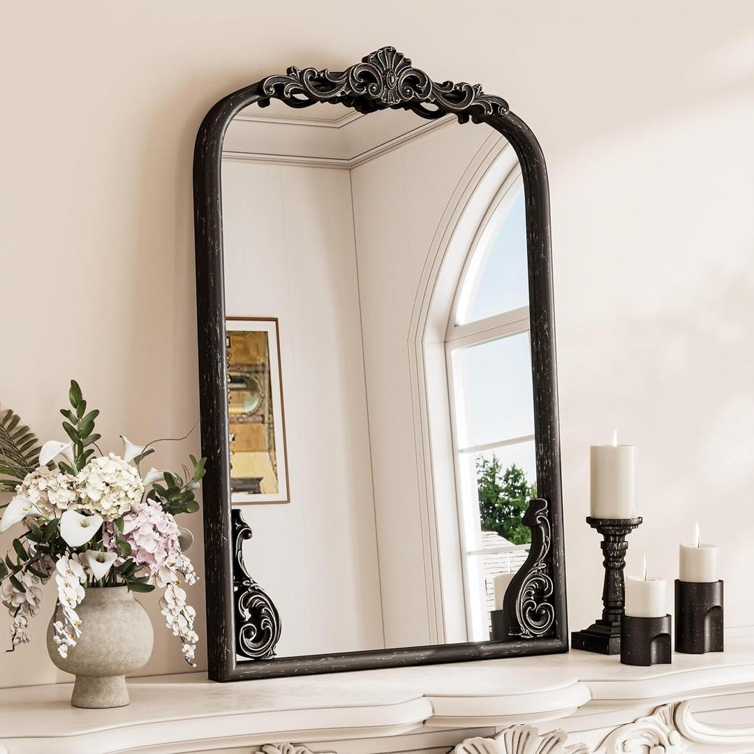 TETOTE Antique Black Arched Mirror for Wall 16 x 24 Vintage Black Frame Baroque French Ornate Mantle Mirror for Fireplace Bathroom Living Room Bedroom Decor, French Cleat Mount (24"L x 16"W, Antique Black)