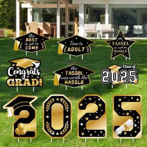 Graduation Decorations 2025 Yard Signs, 10 PCS Waterproof Congrats Grad Lawn Yard Sign with Stakes, Black and Gold Class of 2025 Yard Signs for Graduation Party Decorations Outdoor