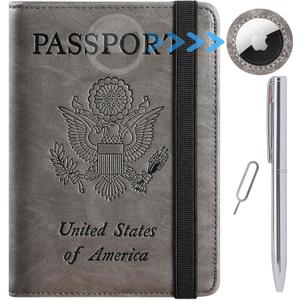 Airtag Passport Holder Cover Wallet Travel Essentials RFID Blocking Leather Card Case International Must Haves Travel Accessories for Women Men(119#Grey)