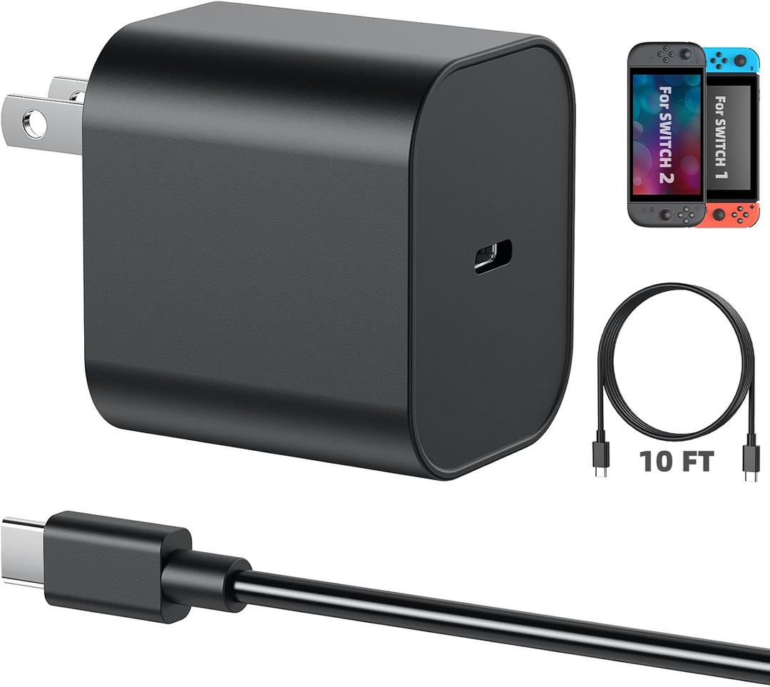 Switch 2 Charger - 60w AC Power Adapter for Nitendo 2/1, 10FT/3M Extra Long USB C Cable, Support 4K TV Dock, PD 3.0 Fast Charging Power 20V/3A for Switch Batteries(10FT - Long Reach for Large Spaces)