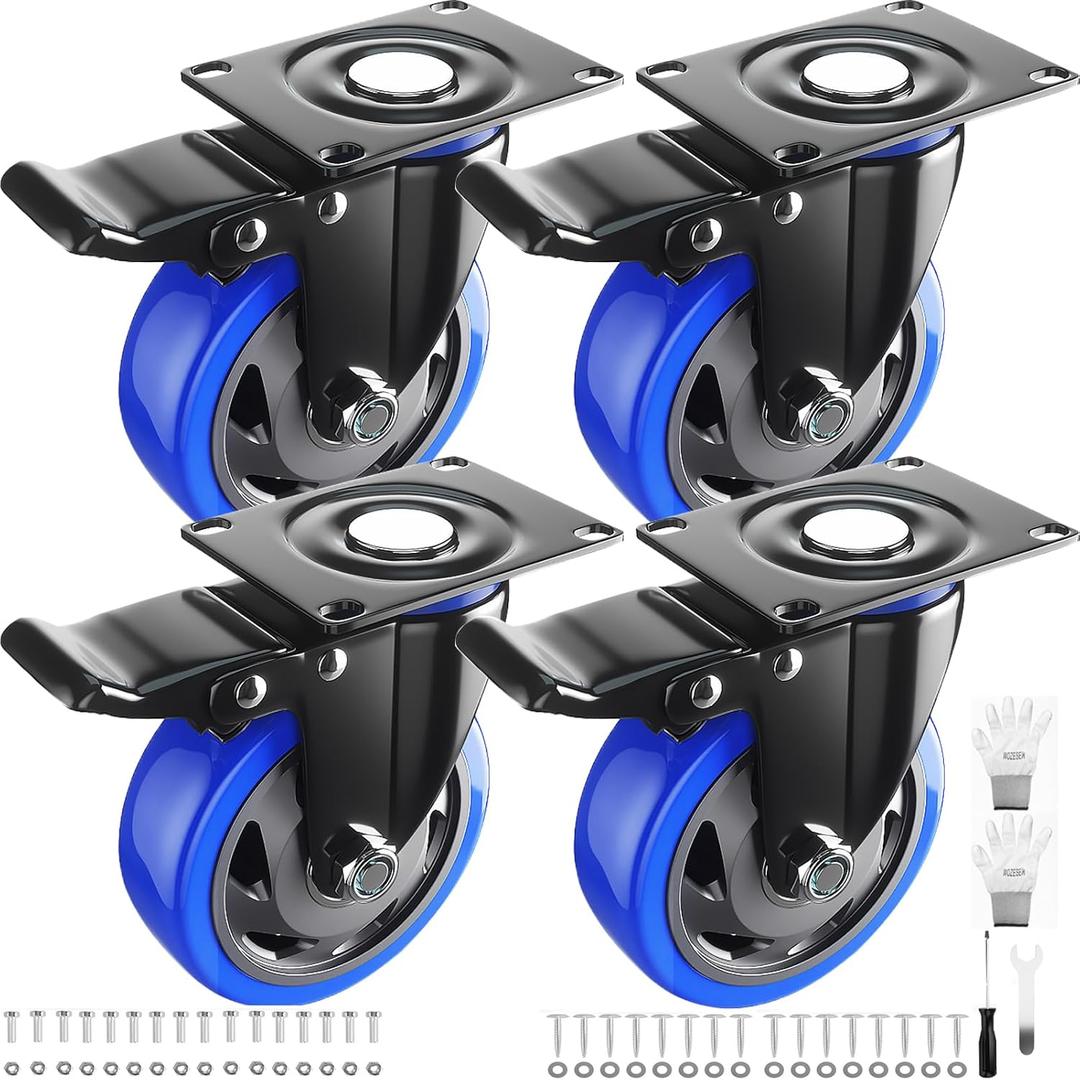 Caster Wheels 3 Inch, Swivel Casters Set of 4 Heavy Duty with Safety Dual Locking, Plate Casters with Double Ball Bearings, Industrial Castor Wheels for Furniture, Workbench (Free Hardware Kits)