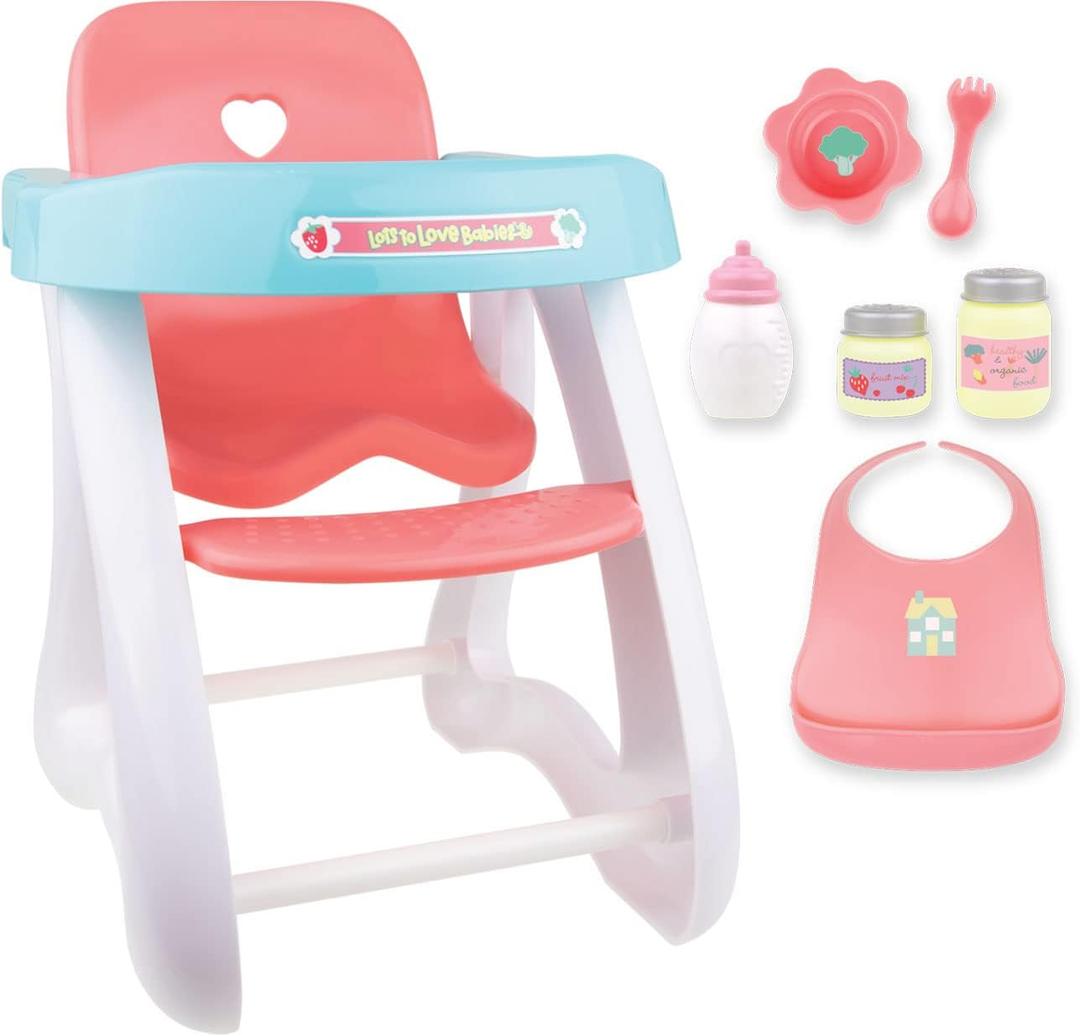 JC Toys - Doll High Chair | Fits Dolls up to 17" | Easy to Clean | Simple Assembly | 7 Piece Play Set| Ages 2+, Pink/Blue