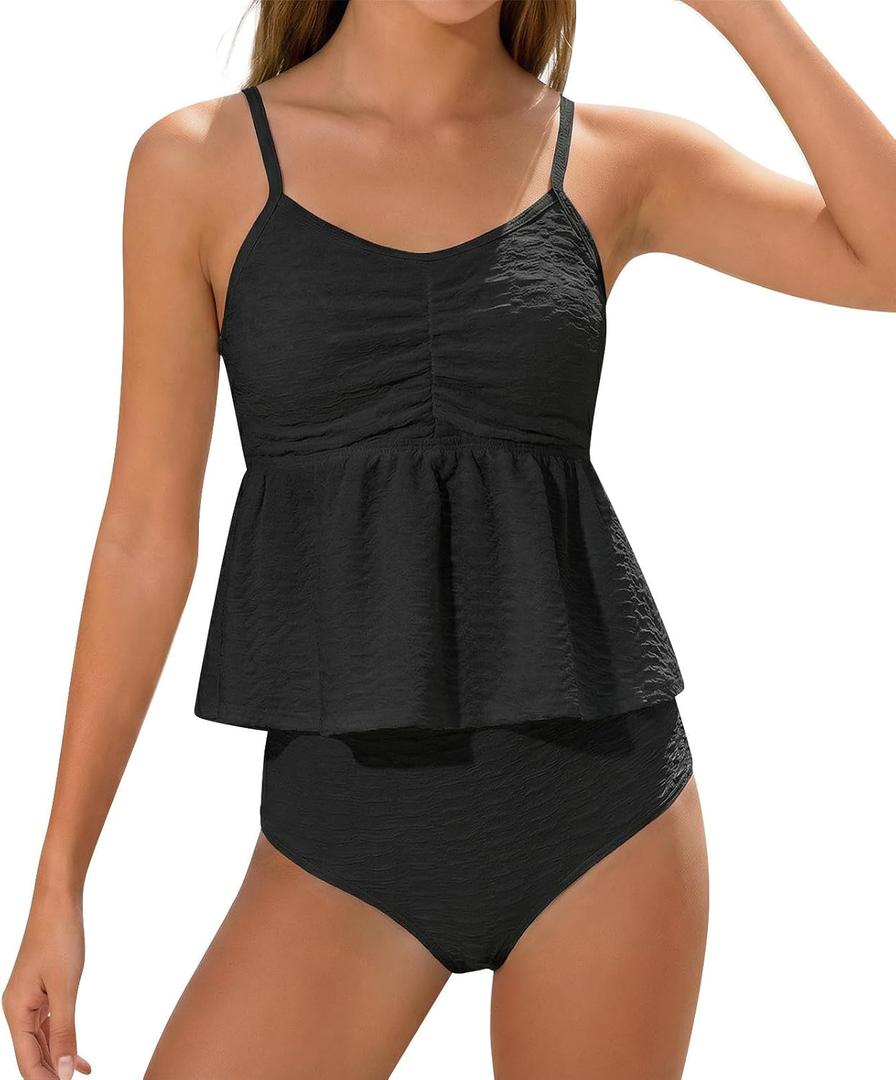 Girls Tankini Swimsuit 2-Piece Tankini Set Adjustable Straps and High Waisted Bathing Suit for Girl 5-12 Year Old