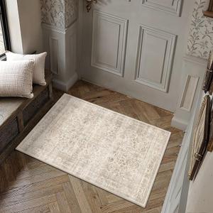 Schweek Vintage Entryway Rug 2x3 Beige Distressed Floral Area Rug Washable Non Slip Indoor Rugs for Entryway Retro Low Pile Throw Rugs Soft Door Mat for Living Room Kitchen Laundry