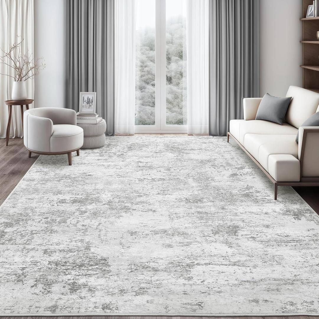 8x10 Area Rugs - Washable Rug for Living Room, Ultra-Thin Abstract Rug, Indoor Non-Slip Rug for Bedroom, Stain Resistant Large Area Rug, Super Soft Low Pile Rugs (Light Gray)