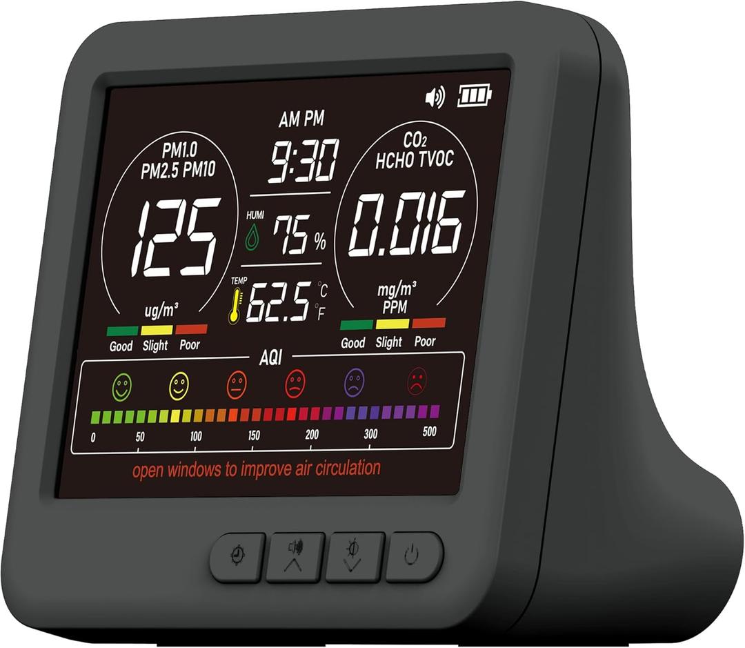 Professional Indoor Air Quality Monitor with 7X AQI Alarms,16 in 1 Portable Real-Time Detector for PM2.5 | PM10 | CO2 | TVOC | HCHO | Temp | Hum for Home Cars Plants Pets (Black)
