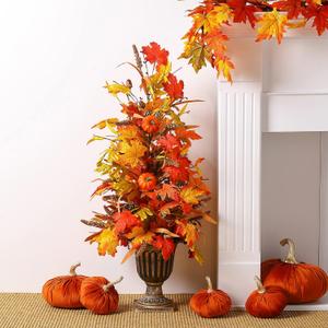 Glitzhome 36”H Fall Lighted Maple Leaves Tree, Artificial Urn Potted Porch Tree Faux Tree in Pot with Timer, 20 Warm White Lights for Fall Harvest Home Decor