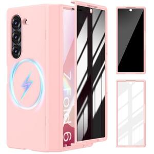 Goton Magnetic for Samsung Galaxy Z Fold 6 Case with Privacy Screen Protector + HD Screen Protectors, [Compatible with MagSafe] Full Body Shockproof Slim Cover with Hinge Protection, Pink