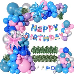 Ouddy Life 160Pcs Pink and Blue Balloons Arch Kit Purple Metallic Silver Star Foil Balloon Happy Birthday Banner Palm Leaves for Birthday Hawaii Tropical Summer Baby Shower Cartoon Party Decorations