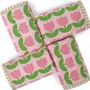 Jacquotha 4-Piece Hand Towels with Pink Tulips Pattern, Small Size 13x28 Inches, Cotton