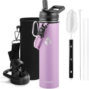 RAYMYLO Insulated Water Bottle 24oz, Triple Wall Vacuum Stainless Steel (Cold for 24Hrs, Hot for 12Hrs), Leak Proof & Non-BPA, 24oz Hydro Water Flask with Paracord Handle & Straw Spout Lids
