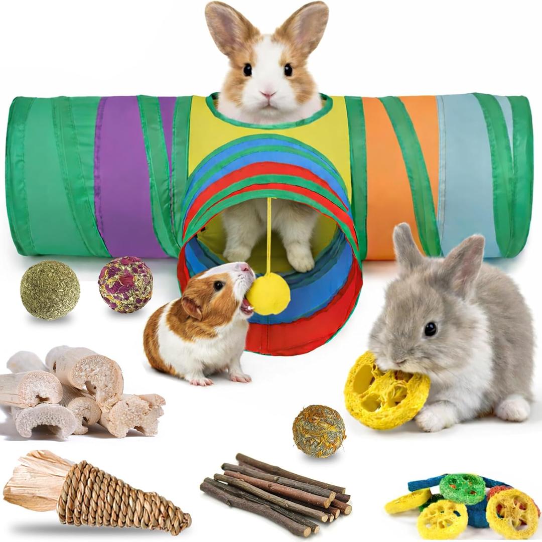 Mechpia Rabbit Toys, Bunny Tunnels and Tubes with Chew Toys for Grinding Teeth Apple Sticks Bamboo Carrot Loofah and Grass Ball for Rabbit Guinea Pig Chinchilla Ferret Rat