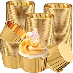 300 Pack Cupcake Liners Cups Baking Bulk Disposable Foil Muffin Liners 4 oz Wrappers for Baking Aluminum Paper Mini Cupcake Holders Metallic Holiday Party Wedding Festival Supply (Gold,4 oz)