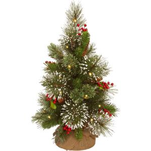 National Tree Company Pre-Lit Artificial Christmas Tree, Green, Wintry Pine, White LED Lights, Decorated with Pine Cones, Berry Clusters, Includes Cloth Bag Base, 18 Inches