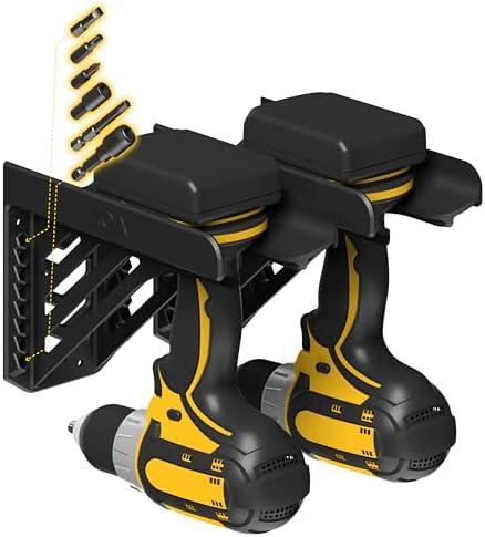 Drill Holder - Power Tool Organizer/Hanger - Wall Mount W/Hex Bit Holder for Cordless Powertools, Impact Drills - Compact Garage Storage Dock