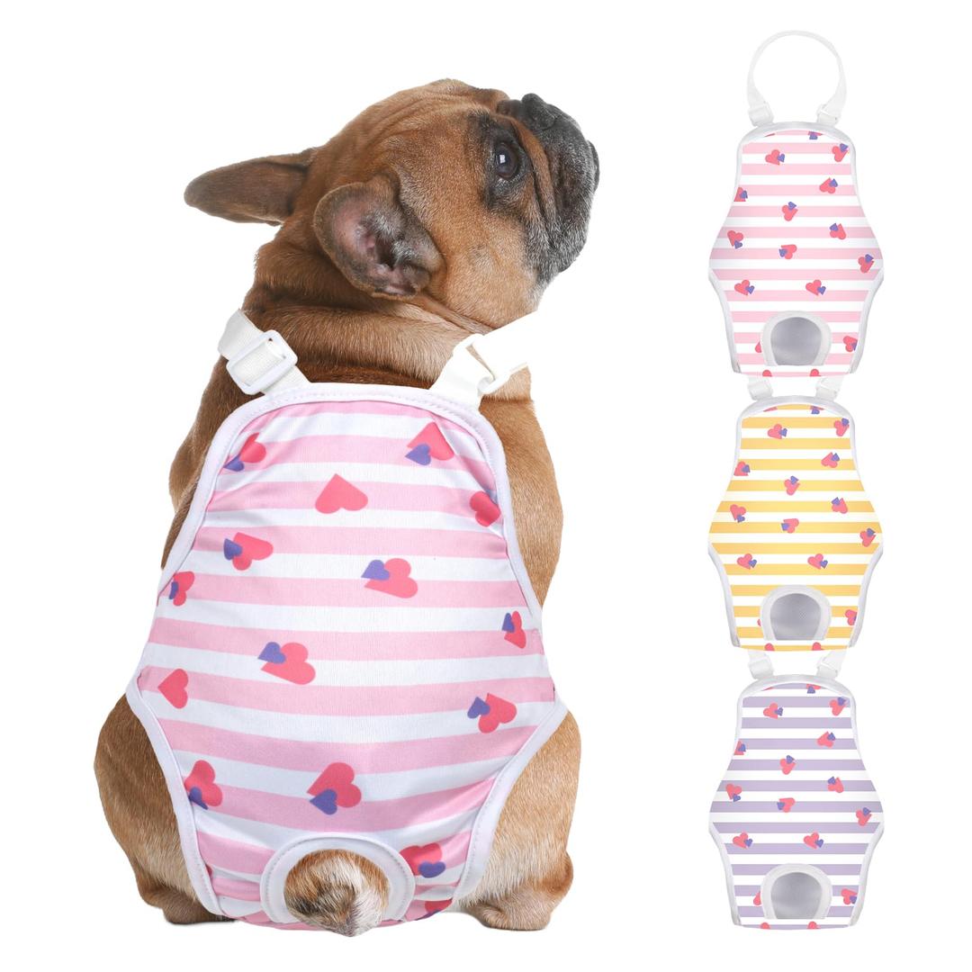 Jollywoods 3 Pack Washable Female Dog Diaper Onesie Sanitary Pantie with Adjustable Suspender, Reusable Fixed Doggie Diapers, Super Absorbent Leakproof for Small Medium Large Dog in Heat Cycle Striped, XS/S
