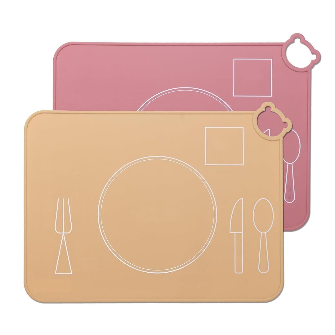 Silicone Baby Placemat, Kids Placemats for Dining Table, Montessori Place Mat, Waterproof Table Mat for Toddler, Set of 2 (Beige+Powder)