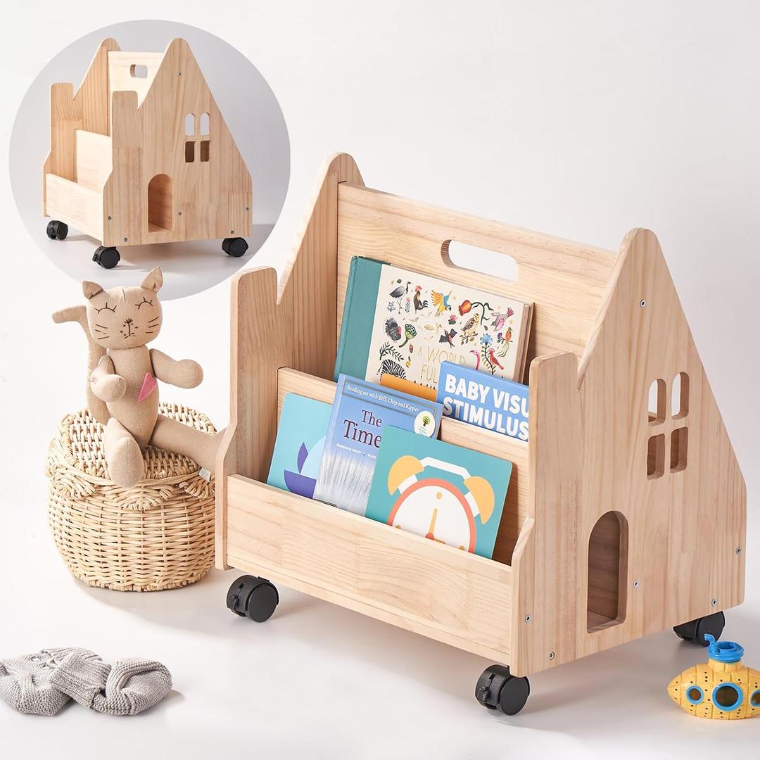 Kids Bookshelf for Toddlers, Montessori Wooden Bookcase with Wheels
