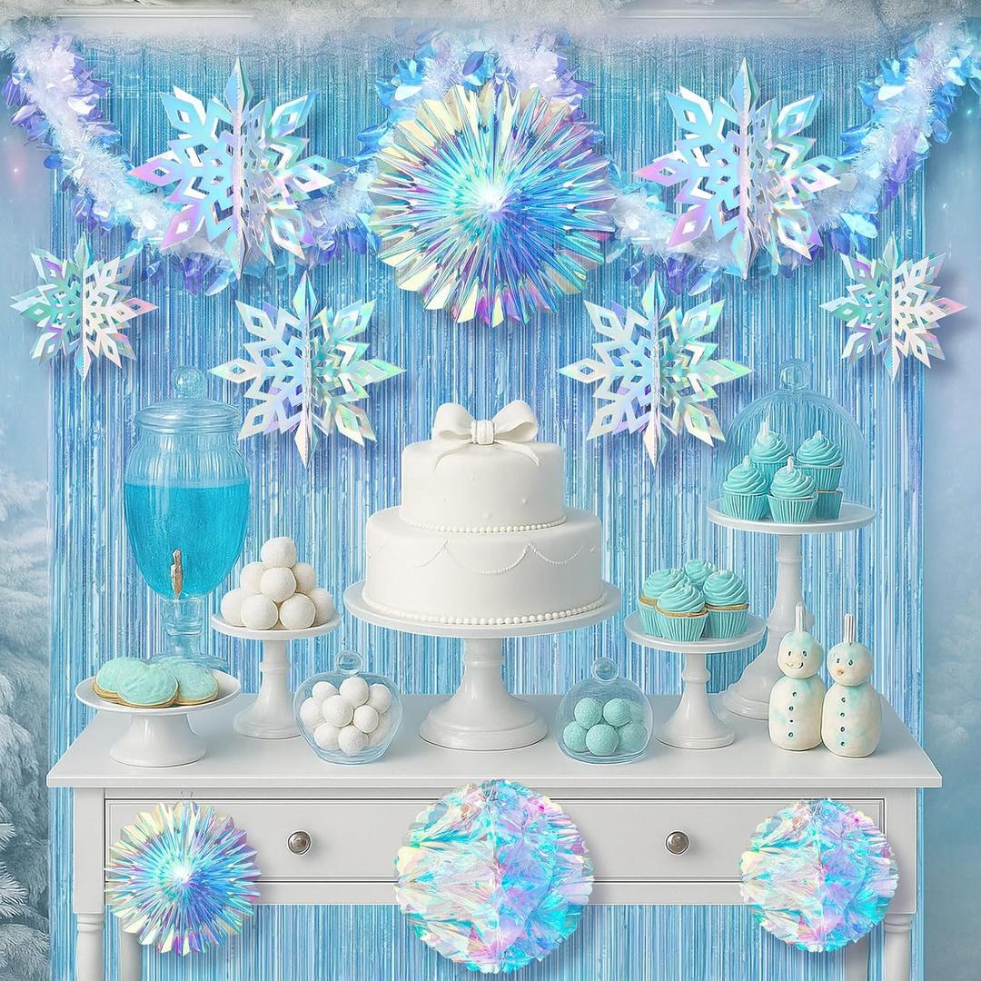 Soulchen 14 Pcs Winter Wonderland Snowflake Party Decorations Baby Shower Party Ornament with 6ft Backdrop Snowflake Hanging Honeycomb Fan and Garland for Baby Its Cold Outside Decor