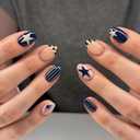 Short Nails Press on Oval French Tip Fake Nails Blue False Nails with Stars Stripes Leopard Print Designs Petite Acrylic Nail Cute Short Glossy Glue on Nail for Women Girls 24Pcs (Style1)
