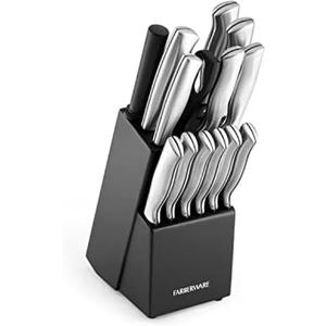 FARBERWARE 15-Piece Kitchen Knife Set with High-Carbon Stainless Steel Blades, Black Handles, Steak Knives, Wood Block, Razor Sharp and Ergonomic