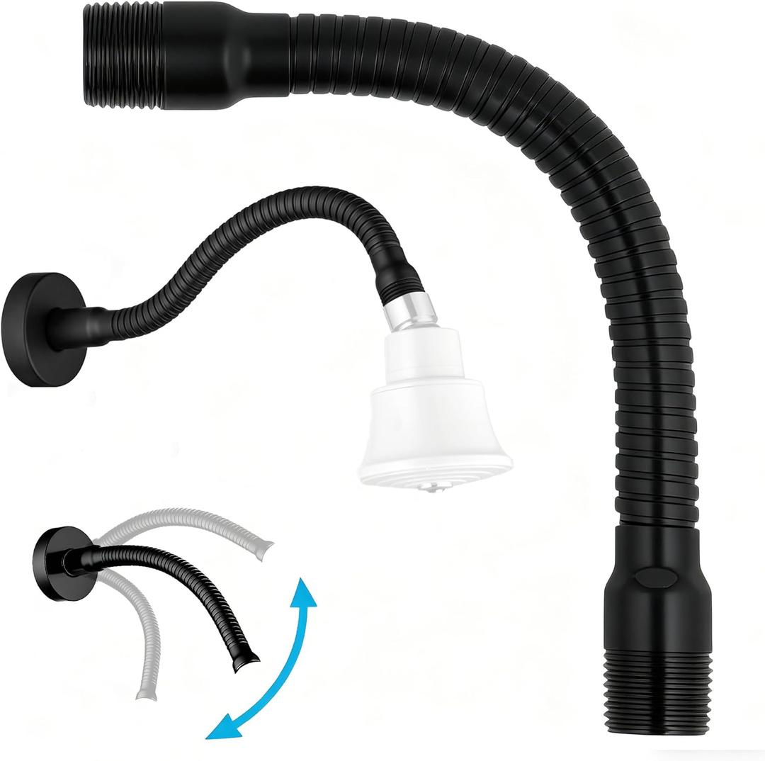 All Metal Adjustable Shower Head Extension Arm, 11.8in Rotating Swiveling Flexible Shower Arm with Flange, Black Shower Head Extender