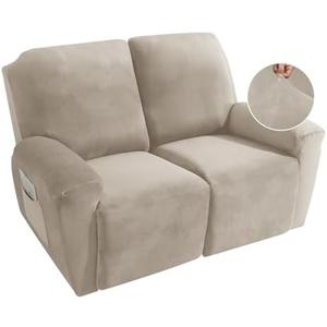 MAXIJIN Recliner Loveseat Slipcover, 6 Pieces Stretch Velvet Reclining Sofa Cover, 2 Seater Love Seat Recliner Couch Cover, Thick, Soft, Washable Furniture Cover (Loveseat Recliner, Khaki)