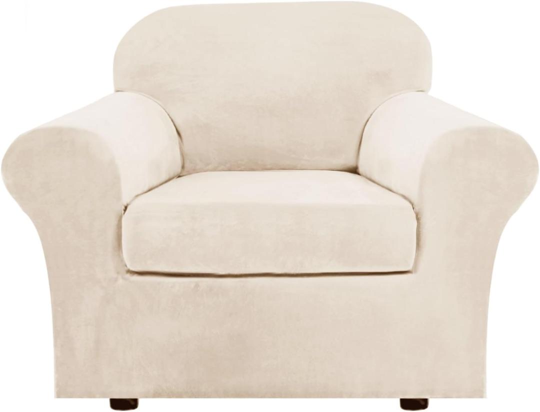 H.VERSAILTEX Rich Velvet Stretch 2 Piece Cover Chair Slipcover Sofa Cover Furniture Protector Couch Soft with Elastic Bottom Chair Couch Cover Width Up to 49 Inch (Chair, Cream)