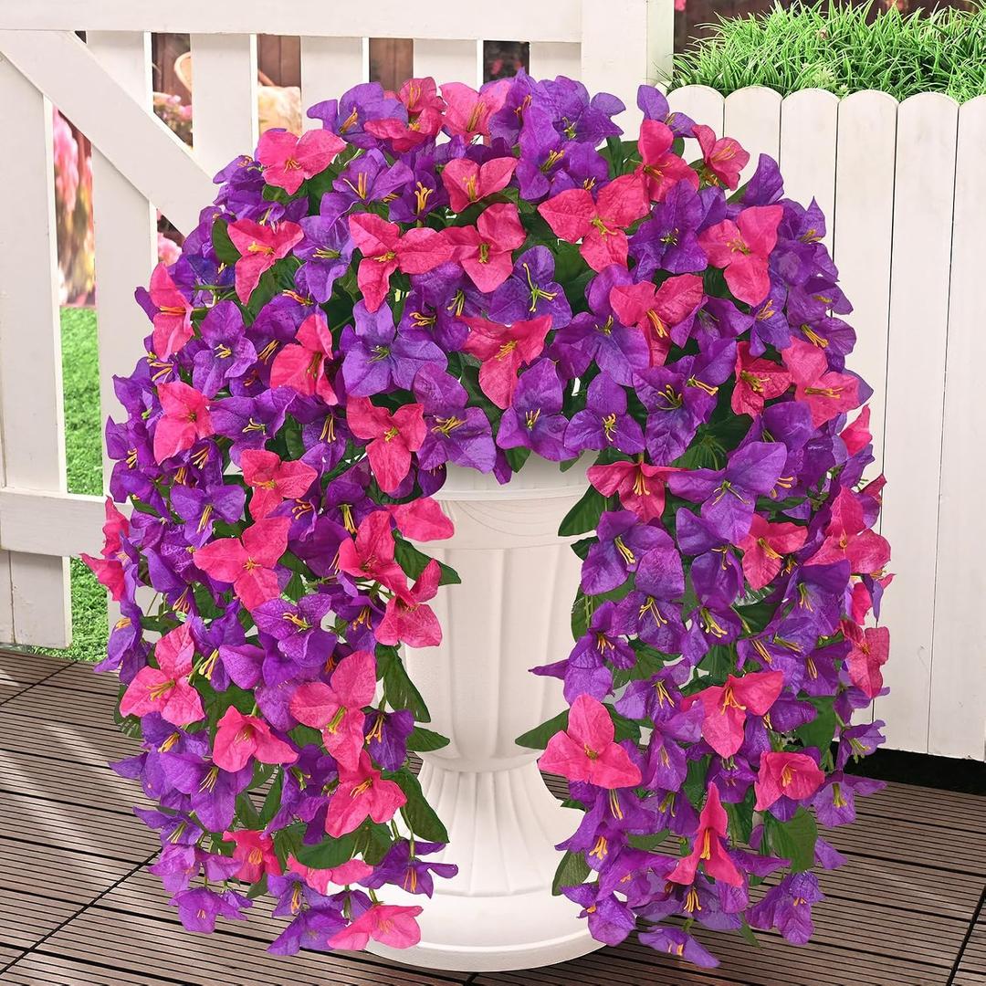 Livole 2Pcs Bougainvillea Artificial Flowers for Outdoors, Realistic UV Resistant Faux Outdoor Plants Flowers, Silk Hanging Fake Flowers for Outside Home Porch Patio Balcony Garden Decor Red Purple