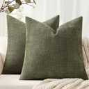 ANRODUO Pack of 2 Decorative Textured Throw Pillow Covers Soft Olive Green Square Accent Solid Chenille Cushion Cover Cozy Farmhouse Pillow Case for Couch Sofa Bed Living Room Summer Decor 18x18 Inch