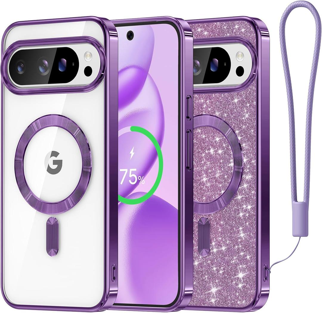 Meifigno Candy Series Case Designed for Google Pixel 10 Pro XL 6.8", [Glitter Card & Wrist Strap] [Compatible with MagSafe] Transparent Back and Electroplated Edges for Pixel 10 Pro XL Case, Purple