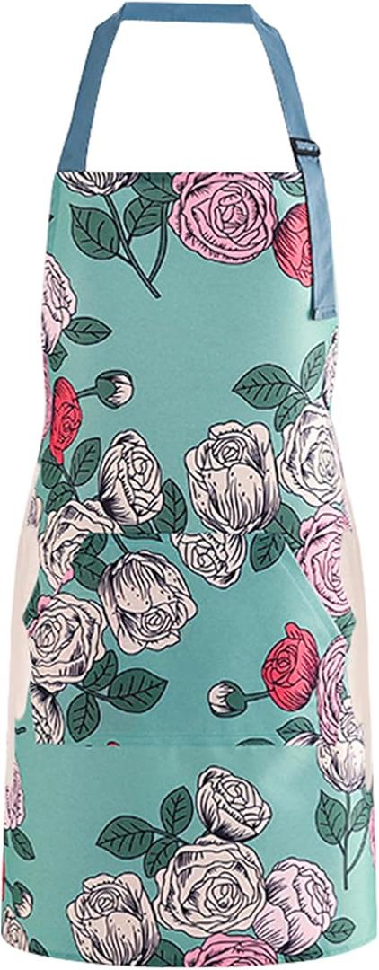Floral Apron for Women with Pockets, Adjustable Chef Aprons for Kitchen, Cooking, BBQ & Grill (Green)