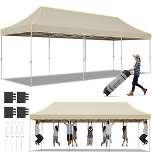 Hoteel 10x30 Pop Up Canopy Tent Heavy Duty Without Sidewalls, Waterproof Party Tent, Easy Set-up Commercial Instant Tents with Roller Bag & Sandbags, Hexagonal Leg (Khaki)