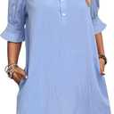 FENSACE Womens Casual Shirt Dress Ruffle Sleeve Button Down Shift Summer Dresses with Pockets (Blue, M)