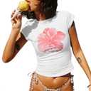 Graphic Baby Tees for Women Y2k Cute Summer Tops Cropped Shirts Teens 90s Streetwear (Large, Floral White)